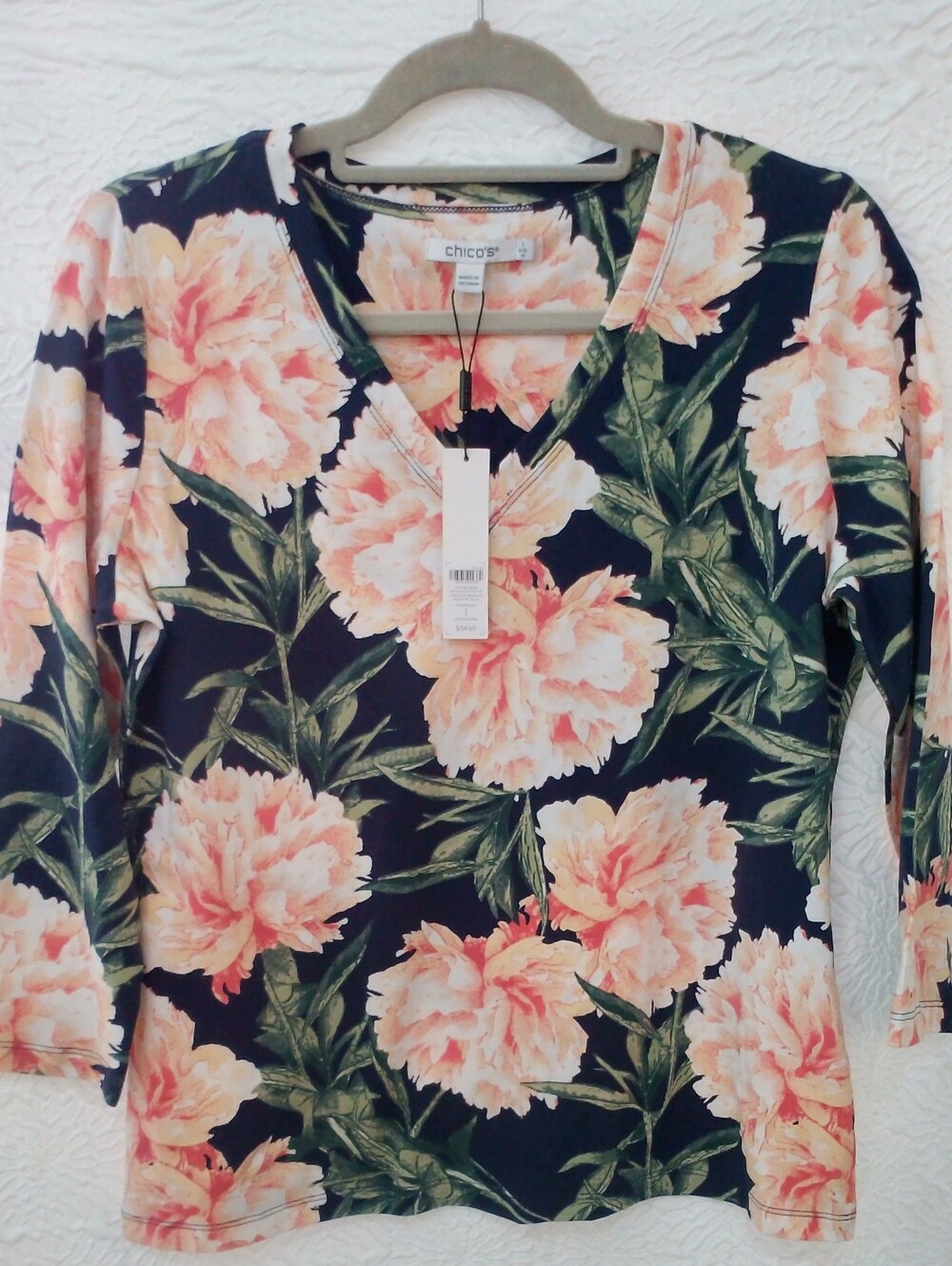 NWT Chico's Dahlia 3/4 Sleeve Perfect Tee V-Neck Knit Top Size 1
